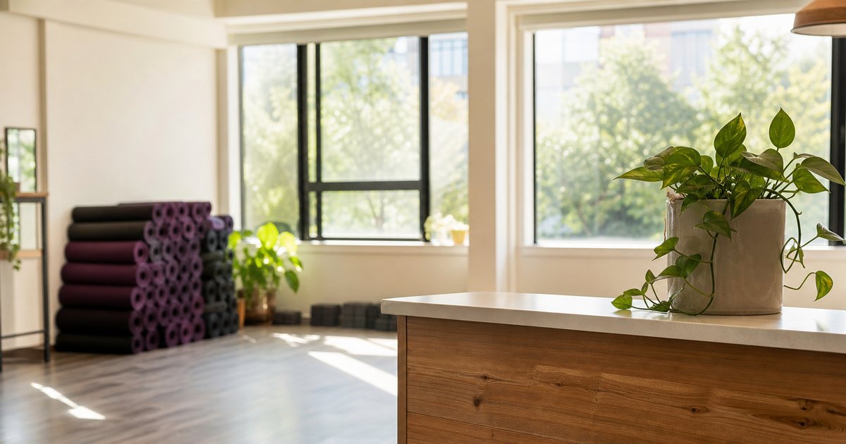 A bright yoga studio with rolled mats stacked against a white wall, large windows, a wooden reception counter with a small potted plant, no people