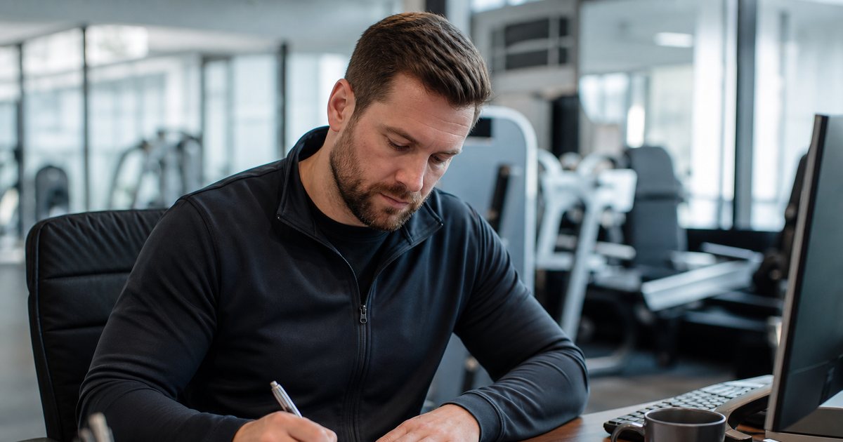 A gym manager at a desk with a printed paper calendar and a coffee mug, marking a date with a pen, fitness equipment blurred in the background