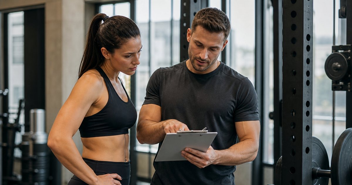 A personal trainer and a client reviewing a workout plan on a paper clipboard beside a squat rack in a gym, both in athletic wear, natural light from tall windows