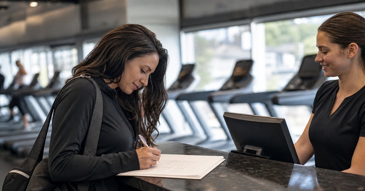 A woman filling out a paper form with a pen at a gym reception counter, a staff member standing behind the counter, treadmills visible in the background