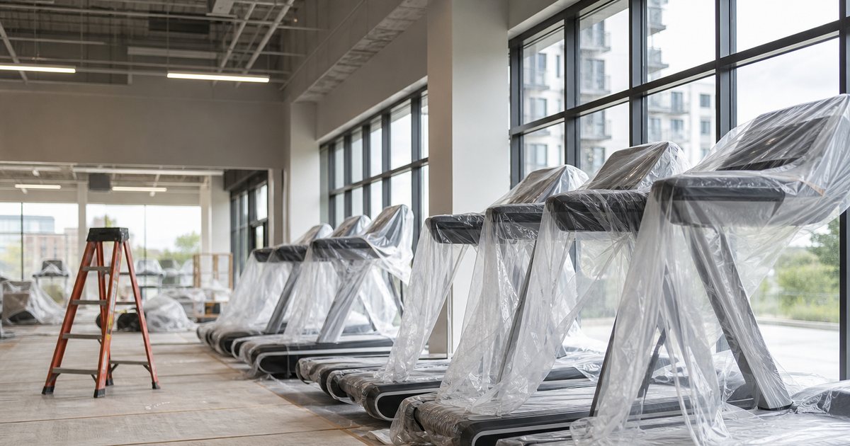 An empty fitness club floor mid renovation, treadmills wrapped in plastic sheeting, drop cloths and a stepladder on the floor, daylight coming through large windows