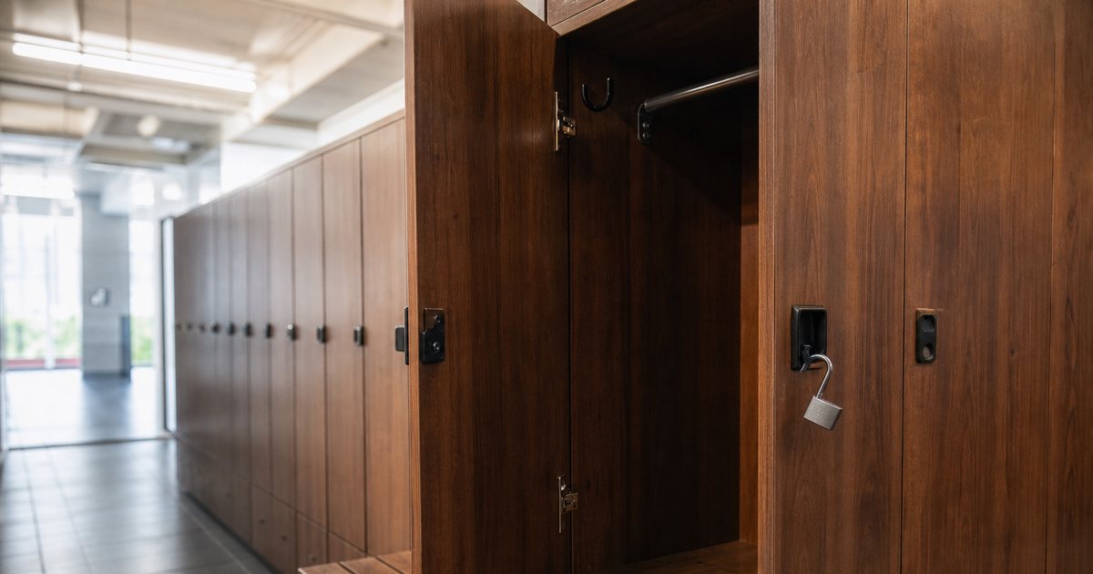 An empty locker in a gym locker room with a padlock hanging open, rows of wooden lockers and a bench, soft morning light
