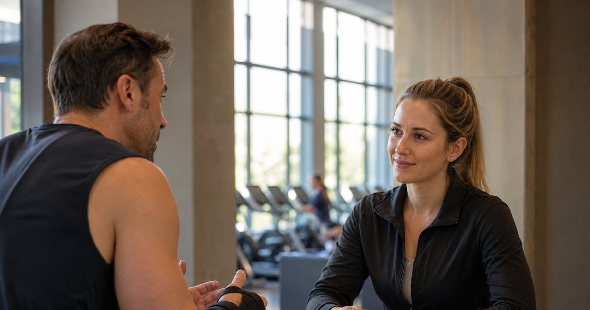 A gym front desk staff member listening attentively to a member wearing a wrist brace across the counter, bright fitness club lobby in the background, natural daylight
