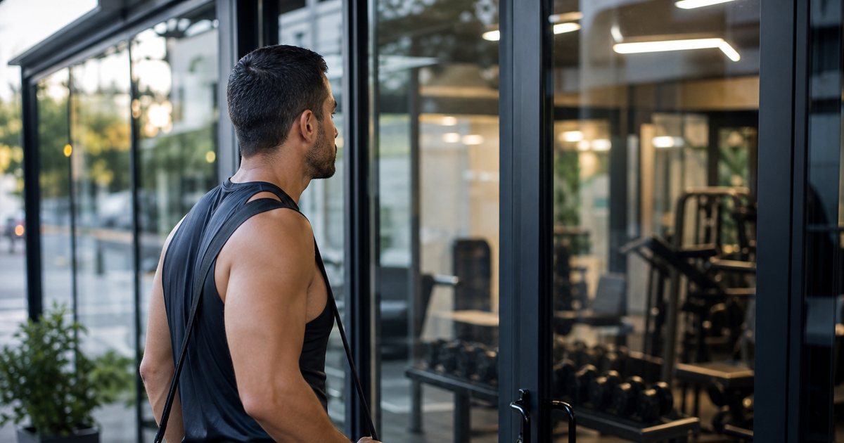A man in his thirties in workout clothes standing hesitantly outside the glass entrance of a gym, gym bag over one shoulder, looking in through the door