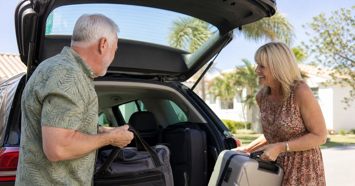 An older couple loading suitcases into the trunk of a car in a sunny suburban driveway, palm trees and a clear sky, casual travel clothes